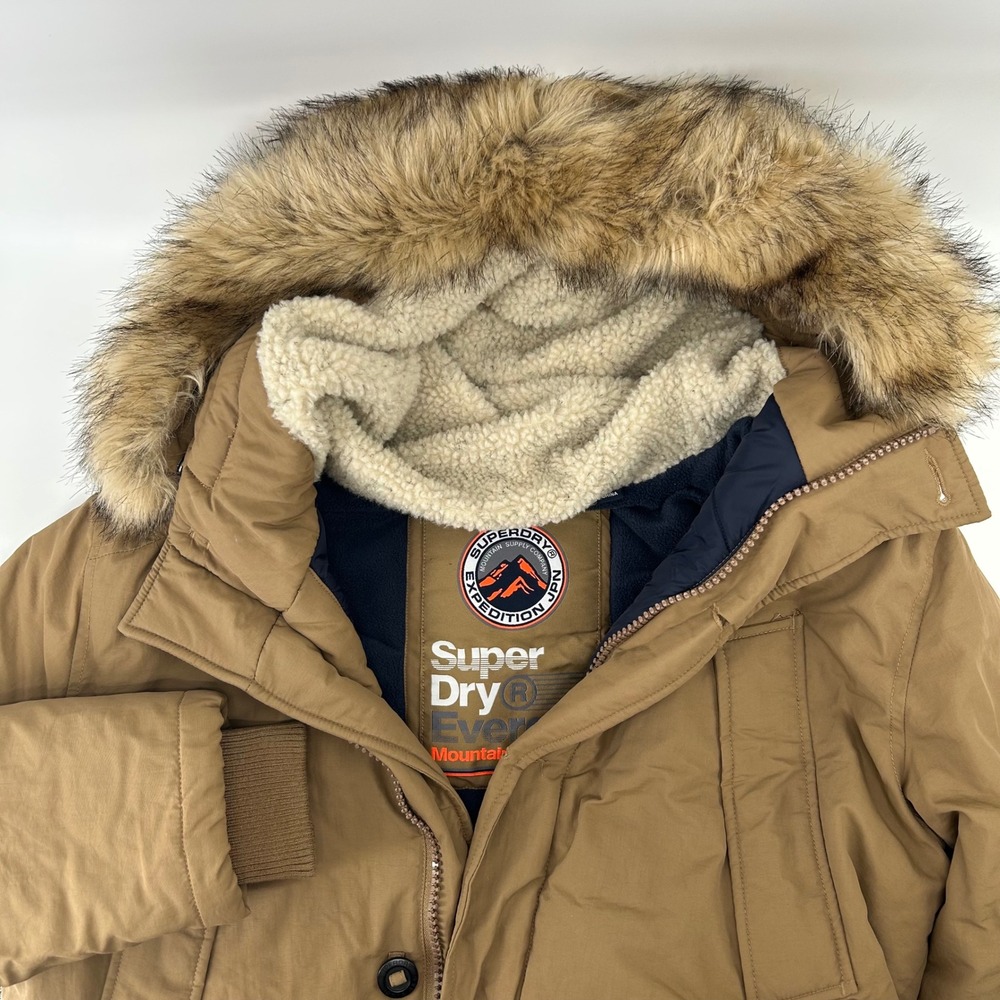 Superdry Everest Mountain Parka Mens XL Tan Brown Faux Fur Hood Expedition Coat